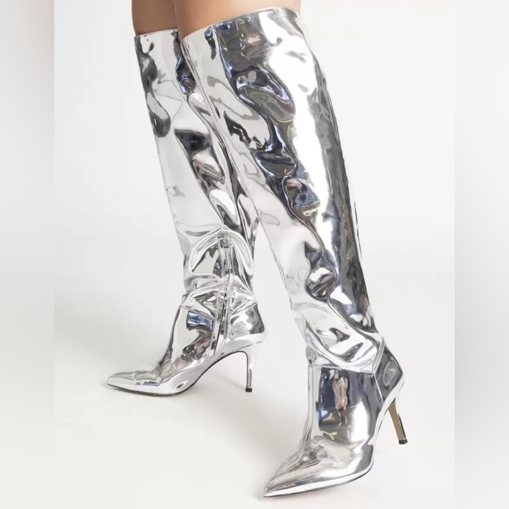 Chrome knee high boots